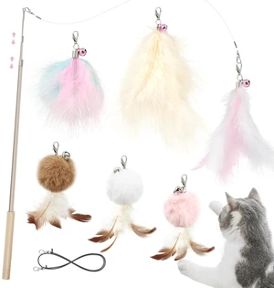 Interactive Cat Feather Toys - 7 PCS Cat Toys Set for Indoor Cats, Retractable Wand with Feather Tail Toy Refills, Kitten Toys Gift, Pink Interactive Cat Feather Toys - 7 PCS Cat Toys Set for Indoor Cats, Retractable Wand with Feather Tail Toy Refills, Kitten Toys Gift, Pink