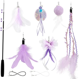 Cat Wand Toys for Indoor Cats - Cat Toy Set with Retractable Teaser Wand and 6 PCS Fairy Feather Toy Refills, Dragonfly Tassel Plush Cat Toys Interactive, Purple Cat Wand Toys for Indoor Cats - Cat Toy Set with Retractable Teaser Wand and 6 PCS Fairy Feather Toy Refills, Dragonfly Tassel Plush Cat Toys Interactive, Purple