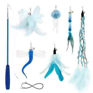 Cat Wand Toys for Indoor Cats - Cat Toy Set with Retractable Teaser Wand and 6 PCS Fairy Feather Toy Refills, Dragonfly Tassel Plush Cat Toys Interactive, Blue Cat Wand Toys for Indoor Cats - Cat Toy Set with Retractable Teaser Wand and 6 PCS Fairy Feather Toy Refills, Dragonfly Tassel Plush Cat Toys Interactive, Blue