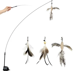 Cat Feather Wand Toy with Suction Cup, 2 in 1 Hands Free & Handheld Interactive Cat Teaser, Long Flexible Steel Wire Stick, 3 Replaceable Feather Bird Attachments with Bells for Indoor Kittens &am Cat Feather Wand Toy with Suction Cup, 2 in 1 Hands Free & Handheld Interactive Cat Teaser, Long Flexible Steel Wire Stick, 3 Replaceable Feather Bird Attachments with Bells for Indoor Kittens &am