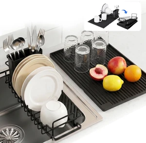 Expandable & Collapsible Dish Drying Rack for Over The Sink and in Sink, Stainless Steel with Silicone Drip Tray, Space Saving Adjustable Dish Rack for Small Kitchen, Apartment & RV Expandable & Collapsible Dish Drying Rack for Over The Sink and in Sink, Stainless Steel with Silicone Drip Tray, Space Saving Adjustable Dish Rack for Small Kitchen, Apartment & RV