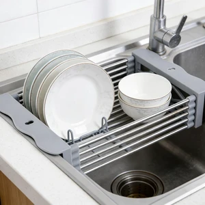 Adjustable Dish Drying Rack with Stainless Steel Drain Basket Over-The-Sink - Portable & Telescopic Space-Saving Solution for Fruit Vegetable Adjustable Dish Drying Rack with Stainless Steel Drain Basket Over-The-Sink - Portable & Telescopic Space-Saving Solution for Fruit Vegetable