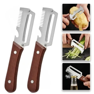 2 Pack Multifunctional Vegetable Peeler, 3-in-1 Peelers For Kitchen with Bottle Opener, Sharp Stainless Steel Swivel Blade, Wooden Handle, For Vegetables or Fruits that Need to Be Peeled 2 Pack Multifunctional Vegetable Peeler, 3-in-1 Peelers For Kitchen with Bottle Opener, Sharp Stainless Steel Swivel Blade, Wooden Handle, For Vegetables or Fruits that Need to Be Peeled