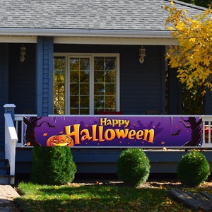 Happy Halloween Pumpkin Graveyard Banner 118 x 20 Inch | Halloween pumpkins bats graveyard and spooky lettering for porch fence wall yard entrance haunted house and party decoration Happy Halloween Pumpkin Graveyard Banner 118 x 20 Inch | Halloween pumpkins bats graveyard and spooky lettering for porch fence wall yard entrance haunted house and party decoration