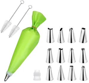 12Pcs Stainless Steel Piping Tips Set with Piping Bag, Coupler 2 Cleaning Brushes for Cake Cupcake Cookie Decorating 12Pcs Stainless Steel Piping Tips Set with Piping Bag, Coupler 2 Cleaning Brushes for Cake Cupcake Cookie Decorating