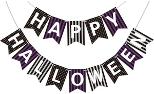 Happy Halloween Banner for Hanging Halloween Decorations Indoor, Purple and Black Stripes Polka Dots Banners for Party Supplies Room Decorations Happy Halloween Banner for Hanging Halloween Decorations Indoor, Purple and Black Stripes Polka Dots Banners for Party Supplies Room Decorations