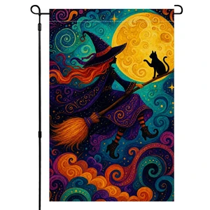 Halloween Witch Garden Flag 12x18 Moon Cat Outside Decor Halloween Witch Garden Flag 12x18 Moon Cat Outside Decor