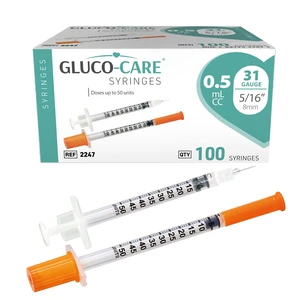 0.5 ml/cc Syringes 31G x 5/16 (8mm), 100/box Fine Tip, Home & Lab Use, Clear Barrel, Bold Scale, Smooth Plunger Movement with back-end stopper, Leak-Proof Design 0.5 ml/cc Syringes 31G x 5/16 (8mm), 100/box Fine Tip, Home & Lab Use, Clear Barrel, Bold Scale, Smooth Plunger Movement with back-end stopper, Leak-Proof Design