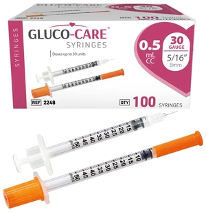 0.5 ml/cc Syringes 30G x 5/16 (8mm), 100/box Fine Tip, Home & Lab Use, Clear Barrel, Bold Scale, Smooth Plunger Movement with back-end stopper, Leak-Proof Design 0.5 ml/cc Syringes 30G x 5/16 (8mm), 100/box Fine Tip, Home & Lab Use, Clear Barrel, Bold Scale, Smooth Plunger Movement with back-end stopper, Leak-Proof Design