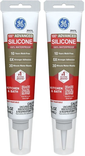Advanced Silicone Caulk for Kitchen & Bathroom, White, 2.8 fl oz Tube, 2 Pack - 100% Waterproof Silicone Sealant, 5X Stronr Adhesion, Shrink & Crack Proof Advanced Silicone Caulk for Kitchen & Bathroom, White, 2.8 fl oz Tube, 2 Pack - 100% Waterproof Silicone Sealant, 5X Stronr Adhesion, Shrink & Crack Proof