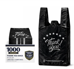 1000 Count Black Thank You T-Shirt Bags Reusable & Disposable Grocery & Supermarket Carry Bags, 11"x6"x21" 1000 Count Black Thank You T-Shirt Bags Reusable & Disposable Grocery & Supermarket Carry Bags, 11"x6"x21"