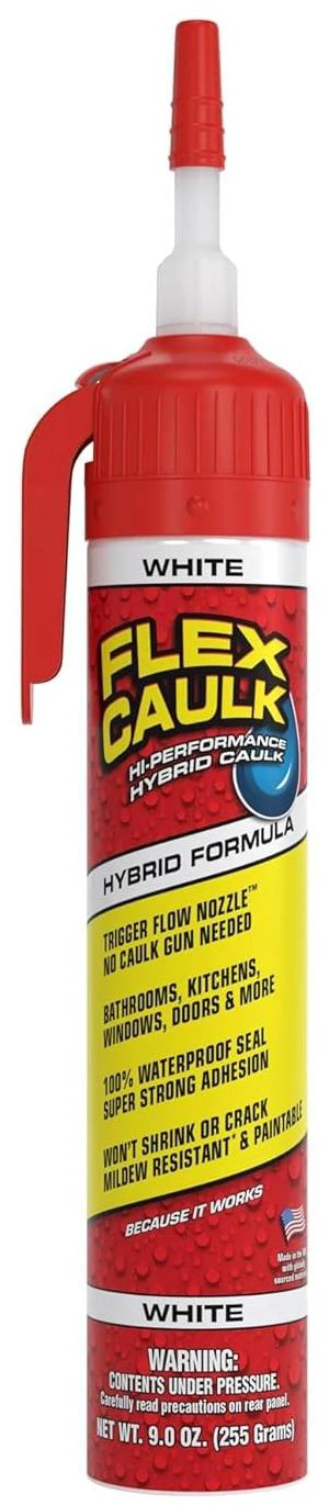 Caulk Hybrid Polymer Waterproof Sealant, White, 9 oz, 1-Pack No caulk gun needed, trigger flow nozzle, paintable, won't shrink or crack, seals wet or dry, bath, kitchen, sink, window, RV Caulk Hybrid Polymer Waterproof Sealant, White, 9 oz, 1-Pack No caulk gun needed, trigger flow nozzle, paintable, won't shrink or crack, seals wet or dry, bath, kitchen, sink, window, RV