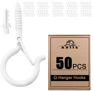 Q Hanger Ceiling Screw Hooks for Hanging Outdoor String Light, Plants 2.2 Inches Windproof Cup Eye Hooks with Safety Buckle for Hanging Basket Patio Christmas Lights, White, 50 PCS Q Hanger Ceiling Screw Hooks for Hanging Outdoor String Light, Plants 2.2 Inches Windproof Cup Eye Hooks with Safety Buckle for Hanging Basket Patio Christmas Lights, White, 50 PCS