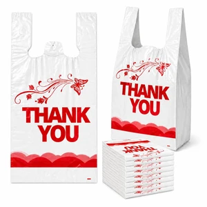 1000 Count White Thank You T-Shirt Bags, 11 x 6 x 21 in Durable HDPE with handles, Thank You print, disposable carryout sacks for grocery, retail and takeout 1000 Count White Thank You T-Shirt Bags, 11 x 6 x 21 in Durable HDPE with handles, Thank You print, disposable carryout sacks for grocery, retail and takeout