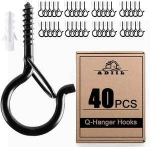 Q Hanger Ceiling Screw Hooks for Hanging Outdoor String Light, Plants 2.2 Inches Windproof Cup Eye Hooks with Safety Buckle for Hanging Basket Patio Christmas Lights, Black, 40 PCS Q Hanger Ceiling Screw Hooks for Hanging Outdoor String Light, Plants 2.2 Inches Windproof Cup Eye Hooks with Safety Buckle for Hanging Basket Patio Christmas Lights, Black, 40 PCS