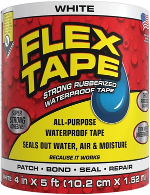 Strong Rubberized Waterproof Tape, White, 4 in x 5 ft, 1-Pack Patch, bond, seal, repair, works underwater, strong adhesive, roof leaks, gutters, pipes, pools, boats, RV, UV resistant Strong Rubberized Waterproof Tape, White, 4 in x 5 ft, 1-Pack Patch, bond, seal, repair, works underwater, strong adhesive, roof leaks, gutters, pipes, pools, boats, RV, UV resistant