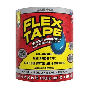 Strong Rubberized Waterproof Tape, Clear, 4 in x 5 ft, 1-Pack Patch, bond, seal, repair, works underwater, strong adhesive, roof leaks, gutters, pipes, pools, boats, RV, UV resistant Strong Rubberized Waterproof Tape, Clear, 4 in x 5 ft, 1-Pack Patch, bond, seal, repair, works underwater, strong adhesive, roof leaks, gutters, pipes, pools, boats, RV, UV resistant