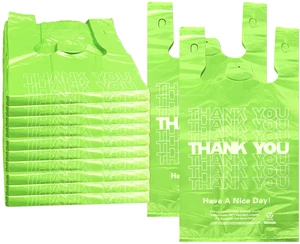 1000 Count Green Thank You T-Shirt Bags, 11 x 6 x 21 in Durable HDPE with handles, Thank You print, carryout sacks for grocery, retail, takeout and small business 1000 Count Green Thank You T-Shirt Bags, 11 x 6 x 21 in Durable HDPE with handles, Thank You print, carryout sacks for grocery, retail, takeout and small business