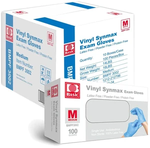 Basic Medical Synmax Vinyl Exam Gloves - Latex-Free & Powder-Free - Medium, BMPF-3002(Case of 1,000) Blue Basic Medical Synmax Vinyl Exam Gloves - Latex-Free & Powder-Free - Medium, BMPF-3002(Case of 1,000) Blue