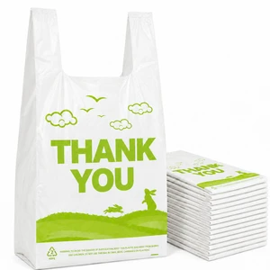 300 Count White Thank You T-Shirt Bags, 11 x 6 x 21 in Durable HDPE with handles, Thank You print, disposable carryout sacks for grocery, retail and takeout 300 Count White Thank You T-Shirt Bags, 11 x 6 x 21 in Durable HDPE with handles, Thank You print, disposable carryout sacks for grocery, retail and takeout