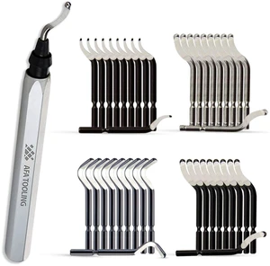 Deburring Tool, 41 M2/M35 Blades, CNC Anodized Aluminum Handle Built for 3D printing, metal, PVC and plastic; four HSS profiles give 360-degree rotation on reverse burrs and cross bores Deburring Tool, 41 M2/M35 Blades, CNC Anodized Aluminum Handle Built for 3D printing, metal, PVC and plastic; four HSS profiles give 360-degree rotation on reverse burrs and cross bores