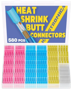 580PCS Heat Shrink Butt Connectors, 26-10 AWG 3:1 adhesive-lined heat shrink, built-in wire stop, 4 color-coded sizes for marine, automotive, and trailer wiring 580PCS Heat Shrink Butt Connectors, 26-10 AWG 3:1 adhesive-lined heat shrink, built-in wire stop, 4 color-coded sizes for marine, automotive, and trailer wiring
