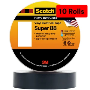 Scotch Vinyl Electrical Tape Super 88, 3/4 in x 44 ft, Black, 10 Rolls, Premium Grade, Rubber Resin Adhesive, PVC Backing, All-Season Heavy Duty Electric Tape Scotch Vinyl Electrical Tape Super 88, 3/4 in x 44 ft, Black, 10 Rolls, Premium Grade, Rubber Resin Adhesive, PVC Backing, All-Season Heavy Duty Electric Tape
