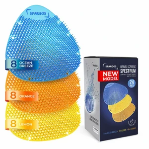 Urinal Screen Deodorizer, 24 Pack, Anti-Splash Cakes 24 urinal cakes in blue, yellow and orange, 3D wave. Odor control for office, stadium, school restrooms. Gloves incl Urinal Screen Deodorizer, 24 Pack, Anti-Splash Cakes 24 urinal cakes in blue, yellow and orange, 3D wave. Odor control for office, stadium, school restrooms. Gloves incl