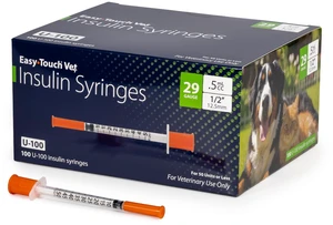 EasyTouch U-100 Pet Insulin Syringes (29G 0.5cc 1/2") - 100 ct. Compatible with U-100 Insulin, 50 Unit Capacity, 1/2" Needle Length, Half-Unit Markings, Box of 100 EasyTouch U-100 Pet Insulin Syringes (29G 0.5cc 1/2") - 100 ct. Compatible with U-100 Insulin, 50 Unit Capacity, 1/2" Needle Length, Half-Unit Markings, Box of 100