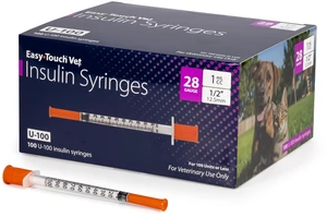 EasyTouch U-100 Pet Insulin Syringes (28G 1.0cc 1/2") - 100 ct. Compatible with U-100 Insulin, 100 Unit Capacity, 1/2" Needle Length, Half-Unit Markings, Box of 100 EasyTouch U-100 Pet Insulin Syringes (28G 1.0cc 1/2") - 100 ct. Compatible with U-100 Insulin, 100 Unit Capacity, 1/2" Needle Length, Half-Unit Markings, Box of 100