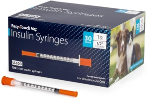 EasyTouch U-100 Pet Insulin Syringes (30G 1.0cc 1/2") - 100 ct. Compatible with U-100 Insulin, 100 Unit Capacity, 1/2" Needle Length, Half-Unit Markings, Box of 100 EasyTouch U-100 Pet Insulin Syringes (30G 1.0cc 1/2") - 100 ct. Compatible with U-100 Insulin, 100 Unit Capacity, 1/2" Needle Length, Half-Unit Markings, Box of 100