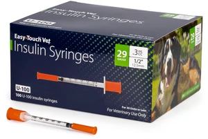 EasyTouch U-100 Pet Insulin Syringes (29G 0.3cc 1/2") - 100 ct. Compatible with U-100 Insulin, 30 Unit Capacity, 1/2" Needle Length, Half-Unit Markings, Box of 100 EasyTouch U-100 Pet Insulin Syringes (29G 0.3cc 1/2") - 100 ct. Compatible with U-100 Insulin, 30 Unit Capacity, 1/2" Needle Length, Half-Unit Markings, Box of 100