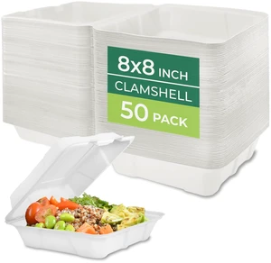 Compostable Clamshell Food Containers - 8x8" 50-Pack, Biodegradable Sugarcane To Go Boxes, Heavy Duty Paper Container - Microwave & Freezer Safe, Stackable Compostable Clamshell Food Containers - 8x8" 50-Pack, Biodegradable Sugarcane To Go Boxes, Heavy Duty Paper Container - Microwave & Freezer Safe, Stackable