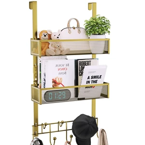 Over The Door Hooks Organizer - 3 Tier Door Hanger with 9 Coat Hooks & 2 Mesh Basket, Back Storage Organizer Hanging Towels for Bathroom, Bedroom, Gold Over The Door Hooks Organizer - 3 Tier Door Hanger with 9 Coat Hooks & 2 Mesh Basket, Back Storage Organizer Hanging Towels for Bathroom, Bedroom, Gold