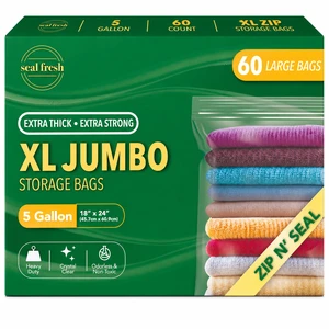 5 Gallon Large Plastic Storage Bags 18" x 24" (60 Count) Reusable XXL Extra Large Clear Jumbo Zip Bags with Sealable Zipper Top For Clothes, Travel, Moving 5 Gallon Large Plastic Storage Bags 18" x 24" (60 Count) Reusable XXL Extra Large Clear Jumbo Zip Bags with Sealable Zipper Top For Clothes, Travel, Moving