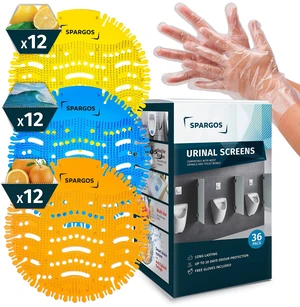 Urinal Screen Deodorizer, 36 Pack, Anti-Splash Cakes 36 urinal cakes in blue, lemon and orange. 3D wave anti-splash mat for office, stadium, school restrooms. Gloves incl Urinal Screen Deodorizer, 36 Pack, Anti-Splash Cakes 36 urinal cakes in blue, lemon and orange. 3D wave anti-splash mat for office, stadium, school restrooms. Gloves incl