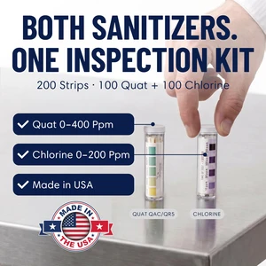 Restaurant Sanitizer Test Kit Combo, 10 x Vial of 100 Strips Each QR5 Quat Sanitizer 0-400PPM & Chlorine Test Strip 0-200PPM Testing Kit for Food Service, Bar & Restaurants Supplies by FryOilSaver Co Restaurant Sanitizer Test Kit Combo, 10 x Vial of 100 Strips Each QR5 Quat Sanitizer 0-400PPM & Chlorine Test Strip 0-200PPM Testing Kit for Food Service, Bar & Restaurants Supplies by FryOilSaver Co
