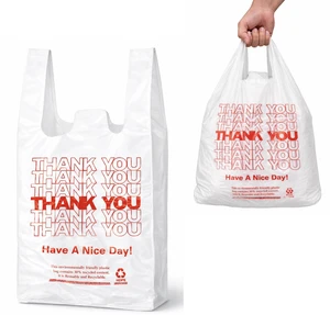 200 Count White Thank You T-Shirt Bags, 11 x 6 x 21 in Durable HDPE with handles, Thank You print, disposable carryout sacks for grocery, retail and takeout 200 Count White Thank You T-Shirt Bags, 11 x 6 x 21 in Durable HDPE with handles, Thank You print, disposable carryout sacks for grocery, retail and takeout