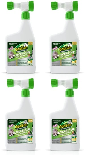 Outdoor and Yard Odor Eliminator, Plant-Friendly Formula, Made in the USA, Clean Fresh Scent, 32 Fluid Ounce Bottle with Hose End Sprayer, 4-Pack Outdoor and Yard Odor Eliminator, Plant-Friendly Formula, Made in the USA, Clean Fresh Scent, 32 Fluid Ounce Bottle with Hose End Sprayer, 4-Pack