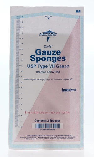 Sterile 100% Cotton Woven Gauze Sponges, 8" x 4", 12-Ply, Ideal for Wound Dressing and General Cleaning, 2/Packs, Pack of 25 Sterile 100% Cotton Woven Gauze Sponges, 8" x 4", 12-Ply, Ideal for Wound Dressing and General Cleaning, 2/Packs, Pack of 25