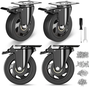 4 Inch Caster Wheels, Heavy Duty Casters Set of 4 with Brake 2200Lbs, Polyurethane(PU)Wheels, Locking Industrial Top Plate Casters Wheels for Furniture Workbench Cart, Hardware Kits 4 Inch Caster Wheels, Heavy Duty Casters Set of 4 with Brake 2200Lbs, Polyurethane(PU)Wheels, Locking Industrial Top Plate Casters Wheels for Furniture Workbench Cart, Hardware Kits