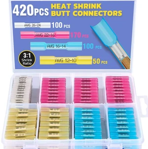 420PCS Heat Shrink Butt Connectors, 26-10 AWG 3:1 adhesive-lined heat shrink, built-in wire stop, 4 color-coded sizes for marine, automotive, and trailer wiring 420PCS Heat Shrink Butt Connectors, 26-10 AWG 3:1 adhesive-lined heat shrink, built-in wire stop, 4 color-coded sizes for marine, automotive, and trailer wiring