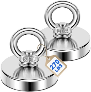 Fishing Magnets with Countersunk Hole 1.88 inch 270LBS Pulling Force 2 Pack Strong Lifting Magnet Neodymium Rare Earth Eyebolt for Retrieving in River and Magnetic Fishing Magnets with Countersunk Hole 1.88 inch 270LBS Pulling Force 2 Pack Strong Lifting Magnet Neodymium Rare Earth Eyebolt for Retrieving in River and Magnetic