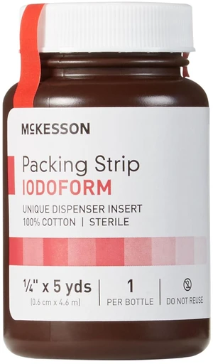 Packing Strip, Sterile, Cotton, Iodoform, 1/4 in, 12 ct 100% Cotton, 5 yds Packing Strip, Sterile, Cotton, Iodoform, 1/4 in, 12 ct 100% Cotton, 5 yds