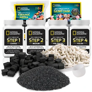 NATIONAL GEOGRAPHIC Rock Tumbler Grit & Media Refill Kit Rock Polishing Supplies Kit, 4-Stage Silicon Carbide Bulk Grit, 1.5 Pounds of Ceramic Pellets, Stone Tumbling & GemFoam Polishing Media NATIONAL GEOGRAPHIC Rock Tumbler Grit & Media Refill Kit Rock Polishing Supplies Kit, 4-Stage Silicon Carbide Bulk Grit, 1.5 Pounds of Ceramic Pellets, Stone Tumbling & GemFoam Polishing Media