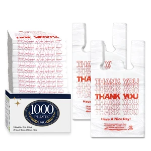 1000 Count White Thank You T-Shirt Bags, 11 x 6 x 21 in Durable HDPE with handles, Thank You print, carryout sacks for grocery, retail, takeout and small business 1000 Count White Thank You T-Shirt Bags, 11 x 6 x 21 in Durable HDPE with handles, Thank You print, carryout sacks for grocery, retail, takeout and small business