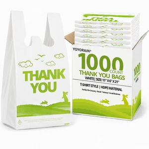 1000 Count White Thank You T-Shirt Bags, 11 x 6 x 21 in Durable HDPE with handles, Thank You print, reusable & disposable for grocery, retail, takeout and small business 1000 Count White Thank You T-Shirt Bags, 11 x 6 x 21 in Durable HDPE with handles, Thank You print, reusable & disposable for grocery, retail, takeout and small business