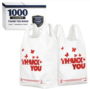 1000 Count White Thank You T-Shirt Bags, 11 x 6 x 21 in Durable HDPE with handles, Thank You print, reusable & disposable for grocery, retail, takeout and small business 1000 Count White Thank You T-Shirt Bags, 11 x 6 x 21 in Durable HDPE with handles, Thank You print, reusable & disposable for grocery, retail, takeout and small business
