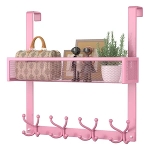 Over The Door Hooks Organizer - 2 Tier Over Door Hanger with 16 Hooks & 2 Baskets for Hanging Coat, Clothing, Towel, Back Storage for Bathroom, Closet, College Dorm, Pink Over The Door Hooks Organizer - 2 Tier Over Door Hanger with 16 Hooks & 2 Baskets for Hanging Coat, Clothing, Towel, Back Storage for Bathroom, Closet, College Dorm, Pink