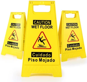 3-Pack Caution Wet Floor Sign,17.5" Height,Bright Yellow Double-Sided Folding A-Shaped Frame Design, Bilingual Caution Message 3-Pack Caution Wet Floor Sign,17.5" Height,Bright Yellow Double-Sided Folding A-Shaped Frame Design, Bilingual Caution Message